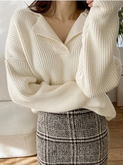 V-neck Sweater Long-sleeved Knitted Pullovers Ribbed Oversize