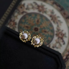 Plated Stud Vintage Pearl Flower Micro-Set Zircon Earrings