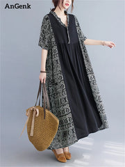Oversize Cotton Patchwork Vintage Dresses Casual Clothing