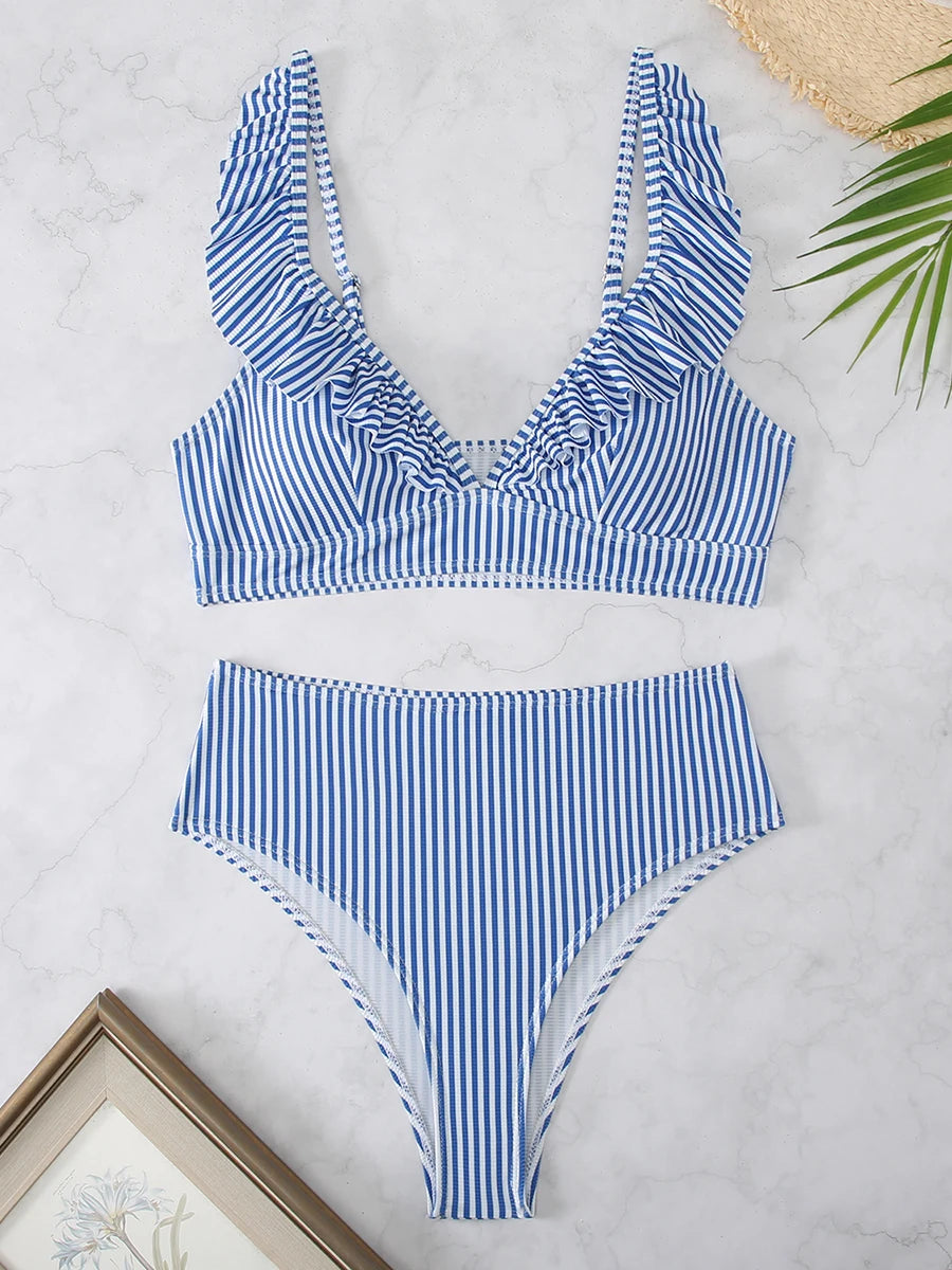 Striped Ruffle Trim Bikini High Waist Swimsuit