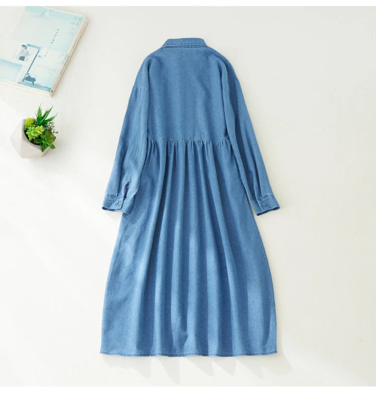 Style Solid Fashion Turn-down Collar Denim Autumn Dress