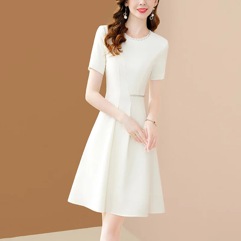 Women Chic Beading Chiffon O-neck Elegant White Office  A-LINE Dresses