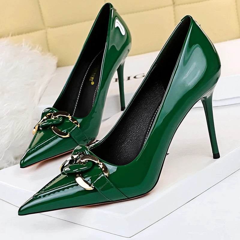 Shoes Fashion Women Pumps Patent Leather High Heels Metal Belt Buckle