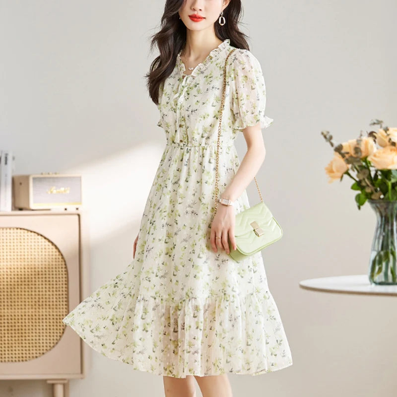 Floral Printing V-neck Ruffles A-line Robe Short Sleeve Lace Up Dress