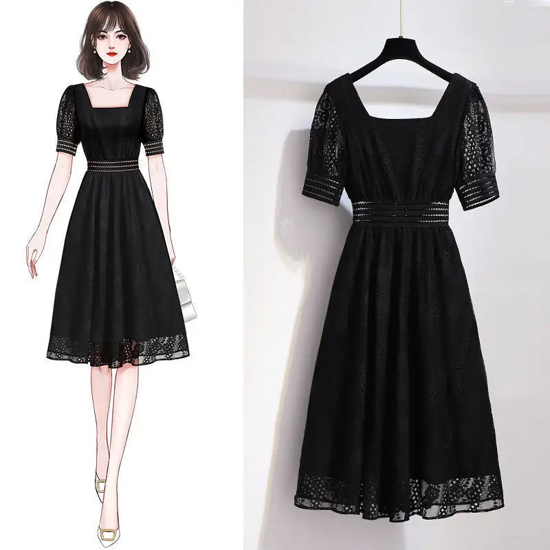 Fashion Style Black Square Collar Dress Lace Short Sleeve