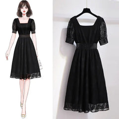 Fashion Style Black Square Collar Dress Lace Short Sleeve