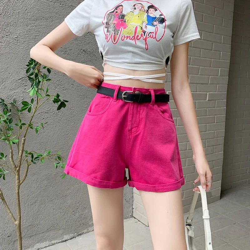 Style High Waist Denim Rolled Edge In Candy Colors All Match Shorts