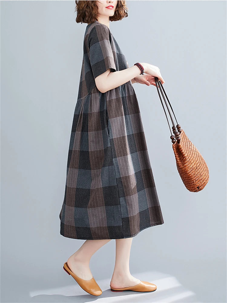 Short Sleeve Summer Plaid Dresses For Casual Vintage