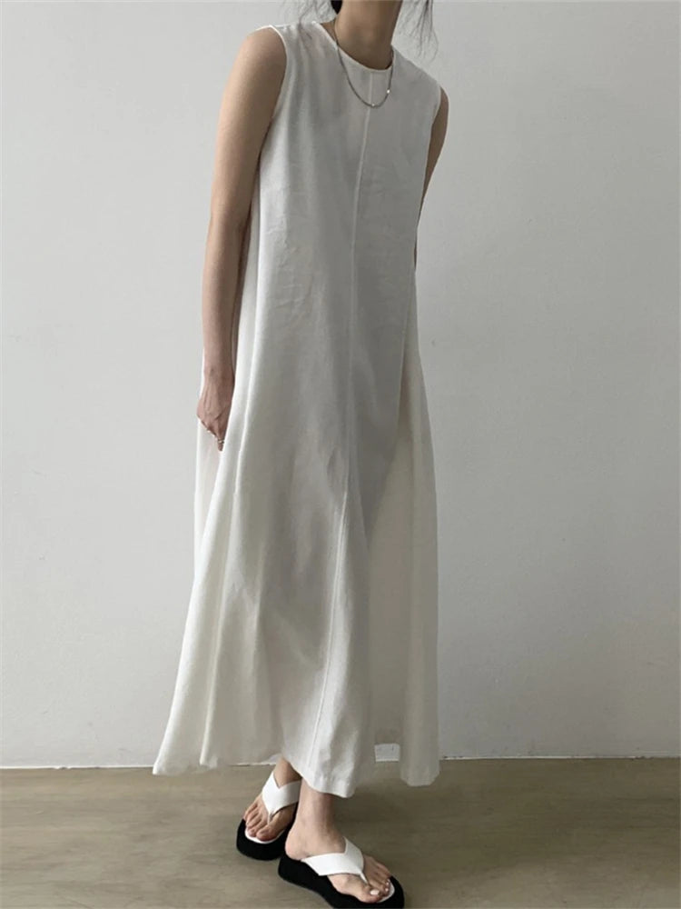 Cotton Linen Sleeveless Women's Long Dresses Solid O-Neck Style