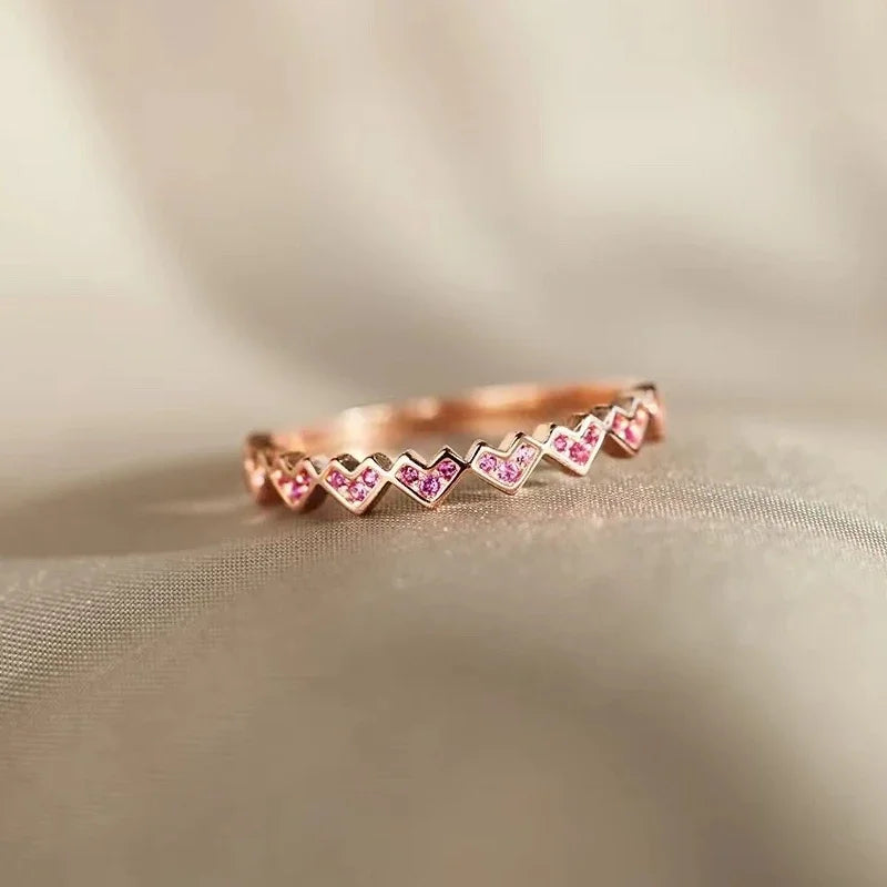 Sweet Pink Cubic Zironia Heart Rings Accessories Trendy Jewelry