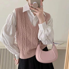 Women V-neck Sweater Vest Solid Sleeveless Preppy Style
