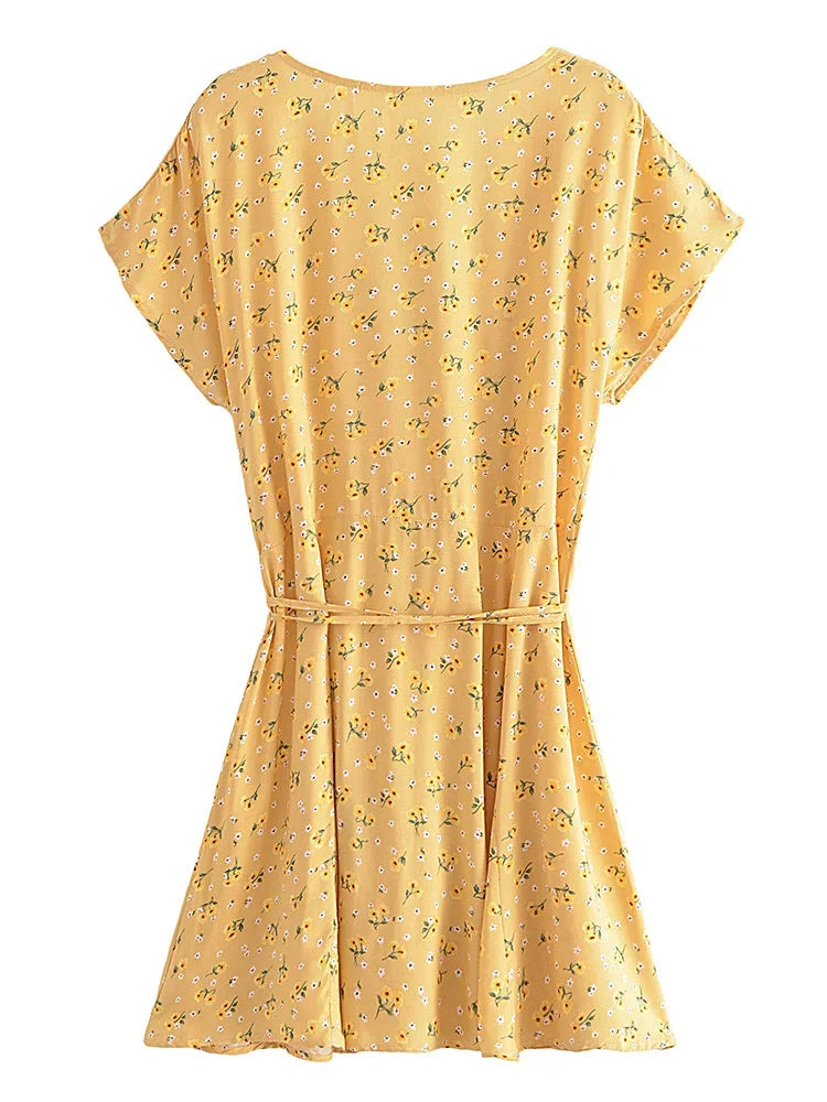 Vintage Chic Women Yellow Floral Print Deep V-neck Mini Dress