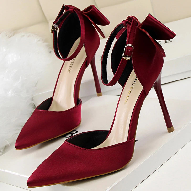 Bow-knot Kitten Heels Pumps Satin Stiletto Party Shoes