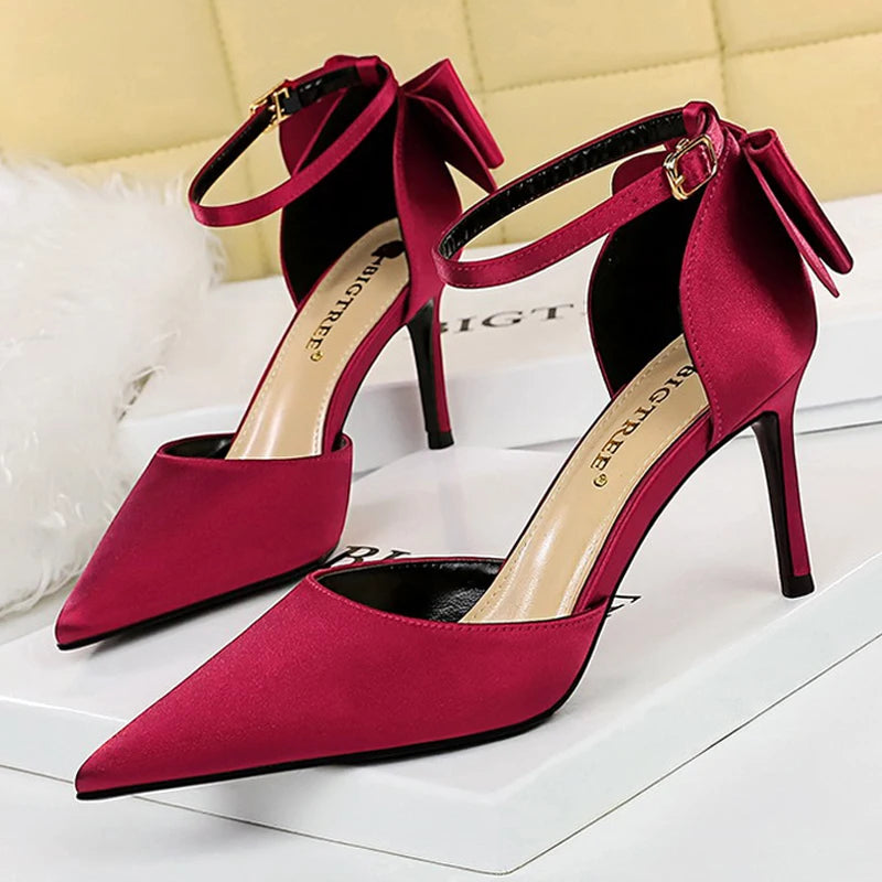 Bow-knot Kitten Heels Pumps Satin Stiletto Party Shoes