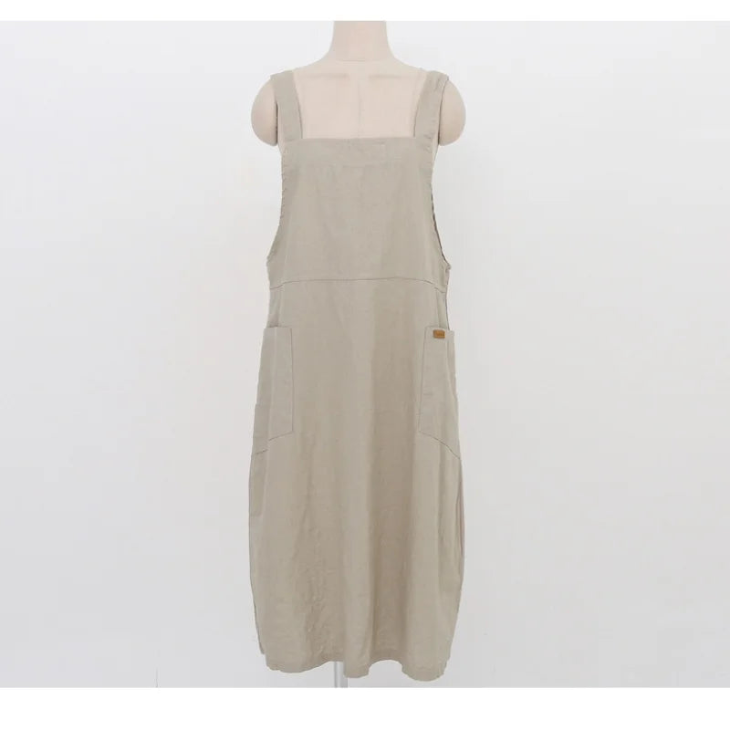 Fashion Cotton Linen Spaghetti Strap Dress Loose Pockets