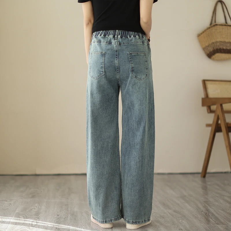 Fashion Baggy Denim Pants Vintage Straight Jeans Elastic Waist Solid Simple