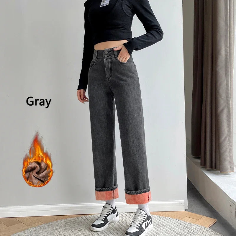 Thick Velvet Jeans Fleece Full Length Fashion High Waist Wide Leg Pants