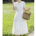 White Lace Hollow Out Dress Embroidery Elegant Short Sleeve O-Neck