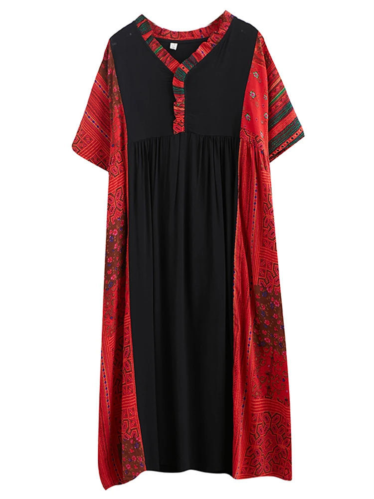 Oversize Cotton Patchwork Vintage Dresses Casual Clothing