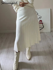 Women Pleated Knit Skirt Long Winter Elastic Waist White Maxi Skirts