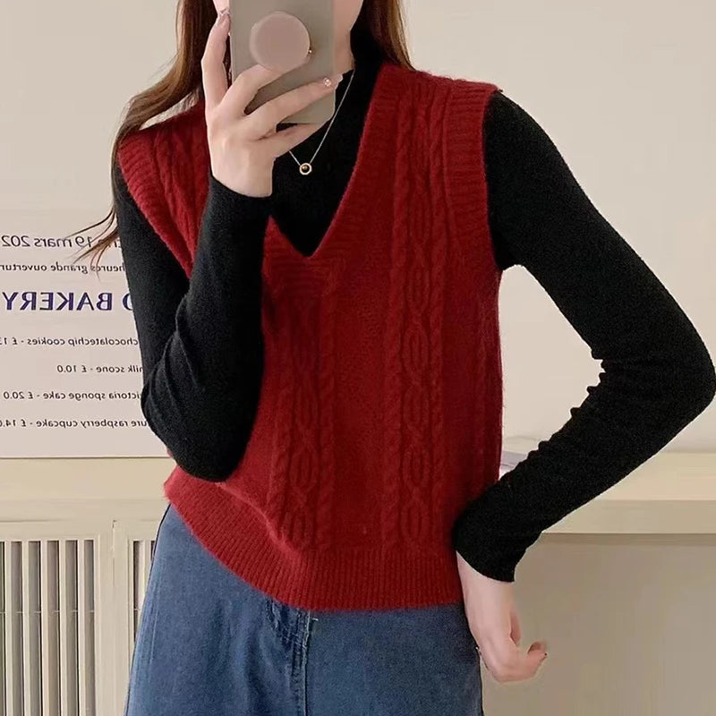 Women V-neck Sweater Vest Solid Sleeveless Preppy Style