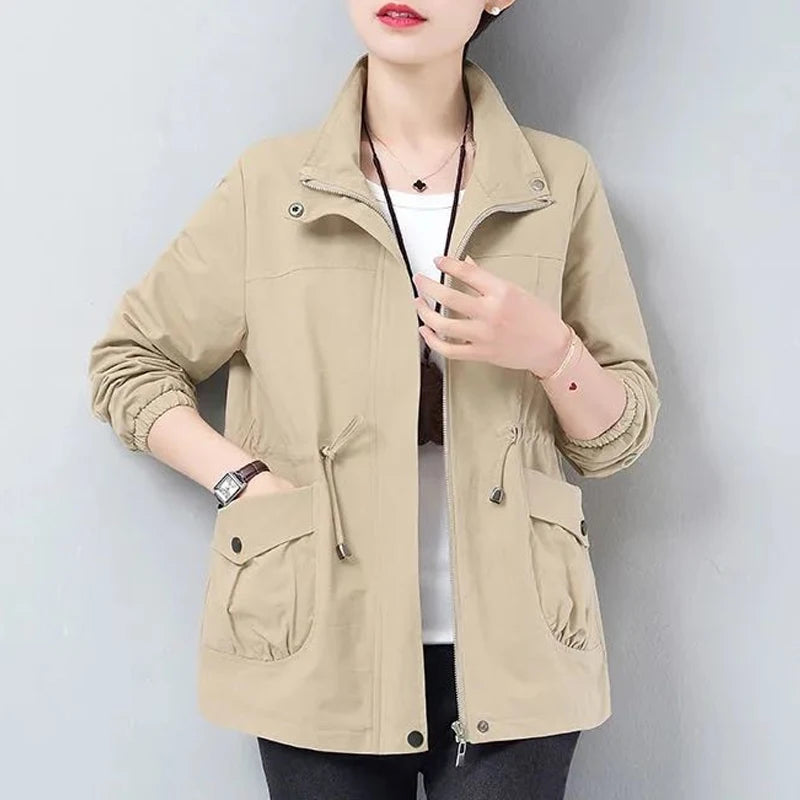 Double Layer Plus Size Lining Windbreaker Drawstring Waist Stand Collar Jacket