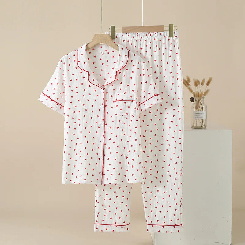 Pajamas Set Pure Cotton Short Sleeve Sleepwear Lingerie Set Floral Home Suit