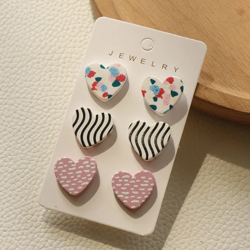 3Pairs/set Heart Stud Earrings for Women Colorful Jewelry Accessories