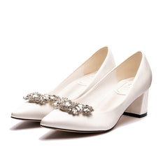 White Shoes Block Heels Bridal Rhinestone Satin