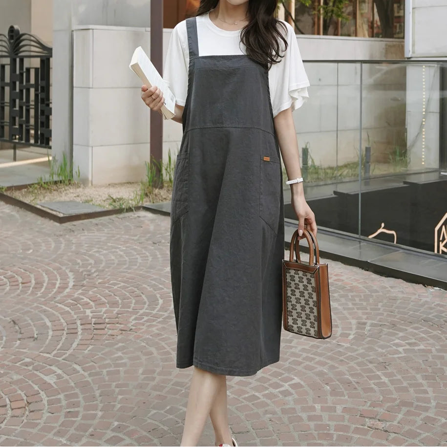 Fashion Cotton Linen Spaghetti Strap Dress Loose Pockets