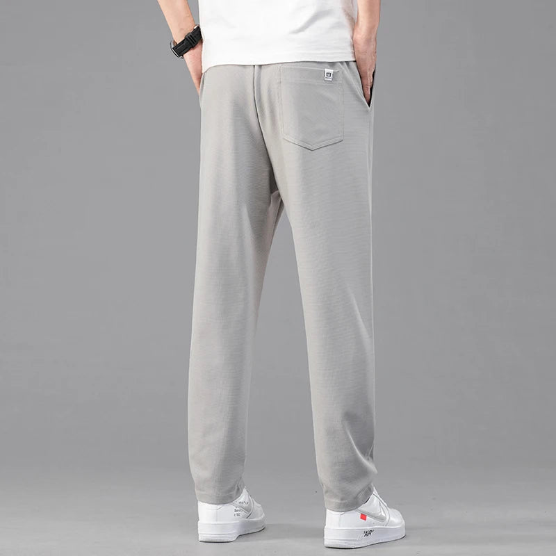 Straight Classic Waffle Elastic Waist Thin Casual Trousers