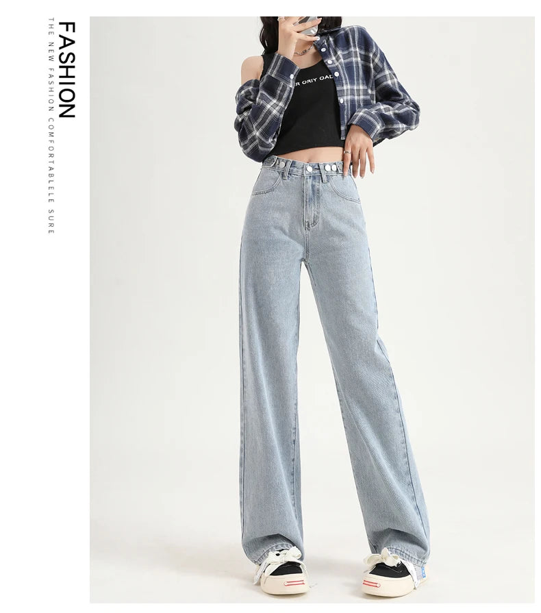 Straight  Jeans Adjust Elastic High Waist Vintage Denim Pants