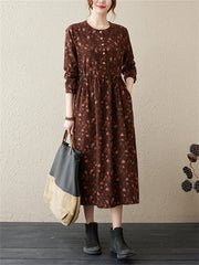 Long Sleeve Cotton Linen Vintage Floral Print Dresses Clothing