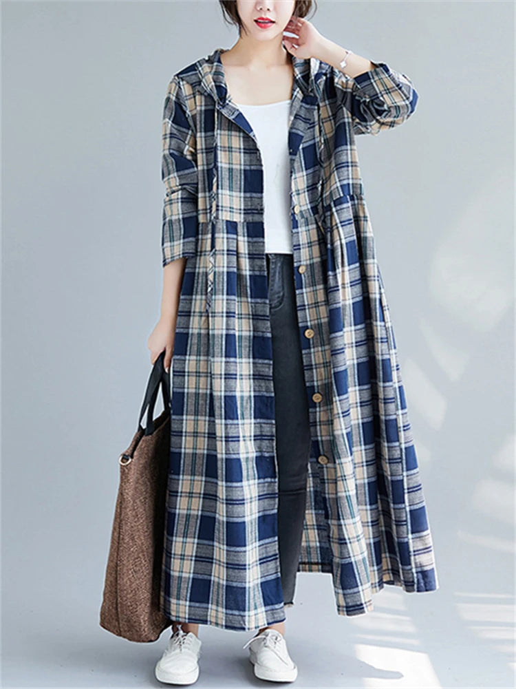 Casual Hooded Trench Coat Long Sleeve Single Breasted Plaid Cotton Office Lady Dress