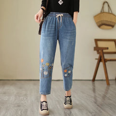 Flower Embroidery Casual Loose Vintage Style Drawstring High Waist Denim Pants
