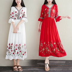 Women Retro Flare Sleeve Beach Embroidery Tunic Dress