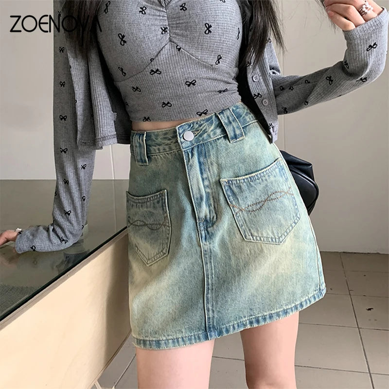 Retro A-line Denim Fashion Women's Casual High Waisted All Match Skirt