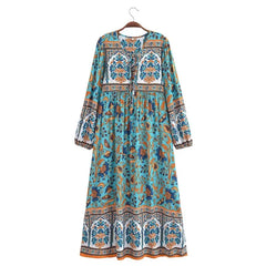 BOHO Paisley Flower Print Bow Lacing up Neck Long Straight Dress