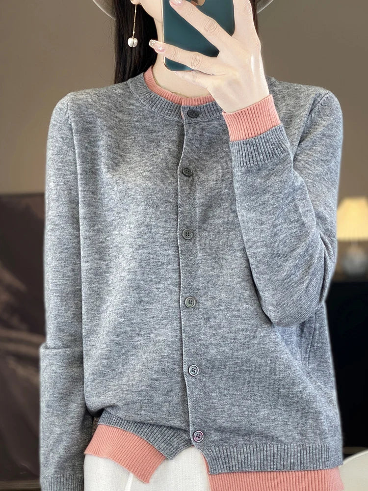 Knitted Cardigan Sweater Clothing O-neck Patchwork Long Sleeve Tops