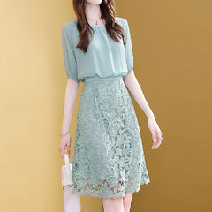 Fashion Lace Chiffon Patchwork Dresses Office Lady Short Sleeve Simple