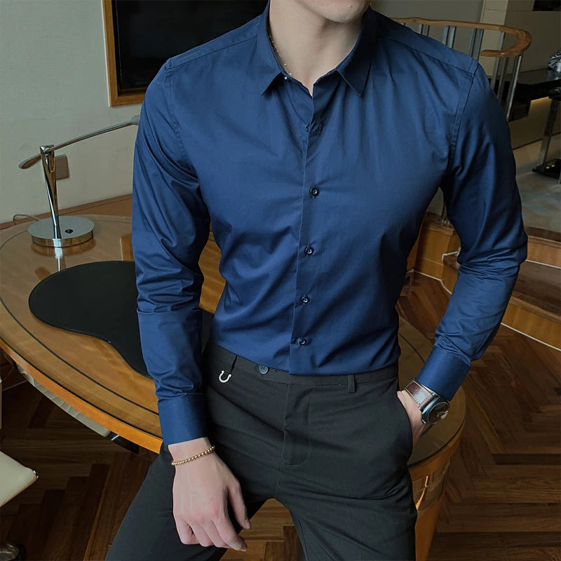 Men's Business Fashion Solid Color Long Sleeve Shirt Classic Style