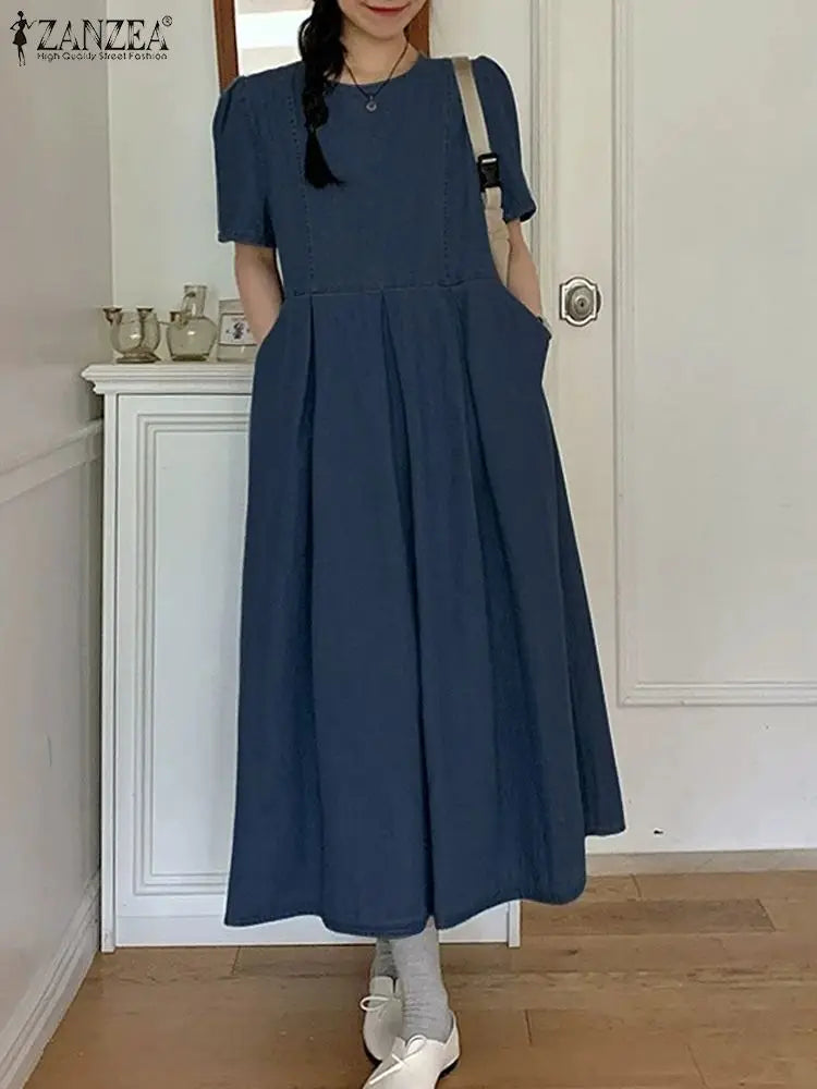 Casual Denim Summer Short Sleeve Pleated Midi Dress