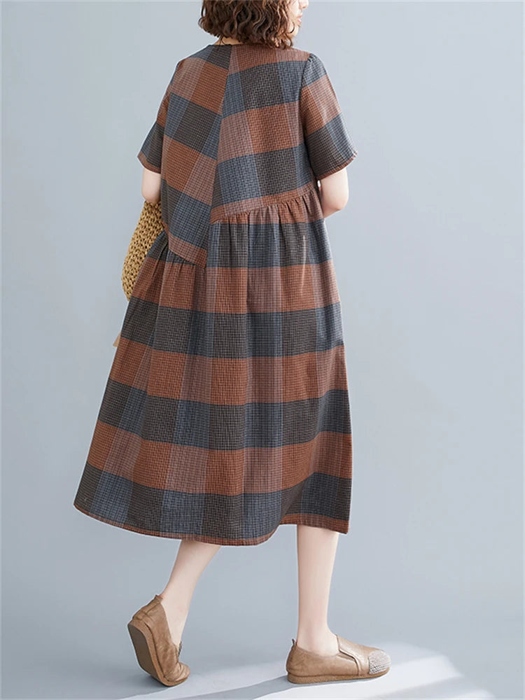 Short Sleeve Summer Plaid Dresses For Casual Vintage