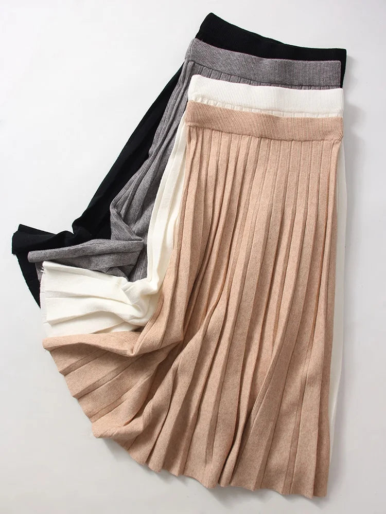 Women Pleated Knit Skirt Long Winter Elastic Waist White Maxi Skirts