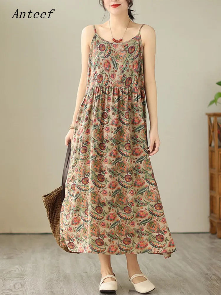 sleeveless strap cotton vintage floral dresses clothing