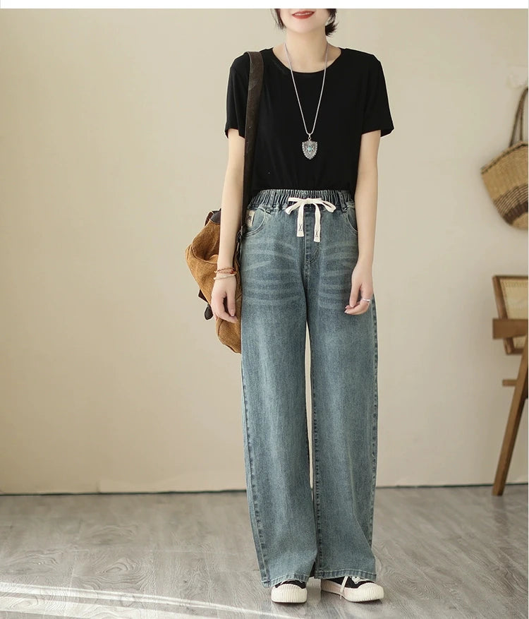 Fashion Baggy Denim Pants Vintage Straight Jeans Elastic Waist Solid Simple