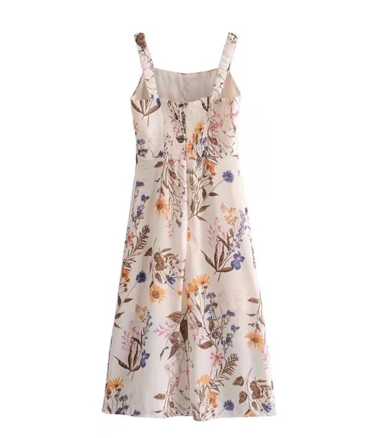 Vintage Floral Print Cream Adjust Lacing up Spaghetti Strap Midi Dress