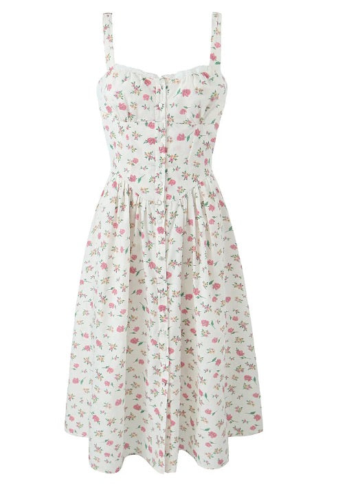 Vintage Floral Print Cream Adjust Lacing up Spaghetti Strap Midi Dress