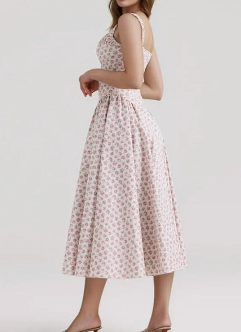 Vintage Floral Print Cream Adjust Lacing up Spaghetti Strap Midi Dress