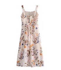 Vintage Floral Print Cream Adjust Lacing up Spaghetti Strap Midi Dress